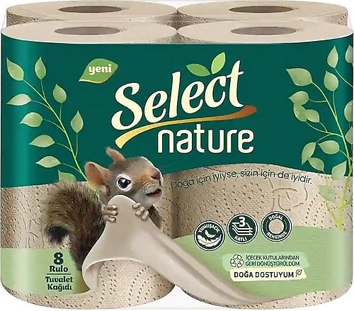 Select Nature Kahverengi Organik 3 Katlı Tuvalet Kağıdı 8 Rulo.