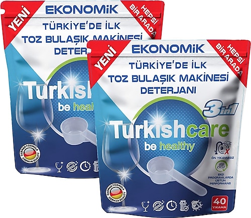 Turkishcare Hepsi Bir Arada Toz Bulaşık Makinesi Deterjanı 40 Yıkama 2'li